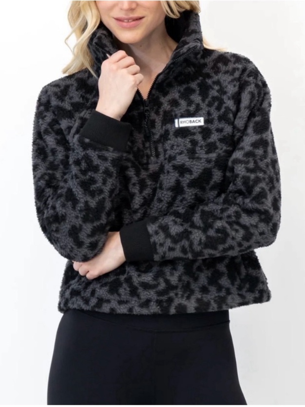 Rhoback medium Rivanna for Black Charcoal Leopard Sherpa Half-Zip Pullover